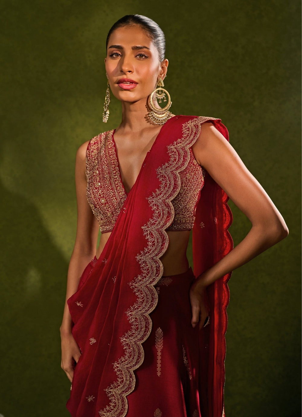 Red Jamewar Pre - Draped Lehenga Saree Chamee and Palak - Fabilicious Fashion