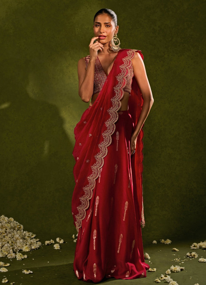 Red Jamewar Pre - Draped Lehenga Saree Chamee and Palak - Fabilicious Fashion
