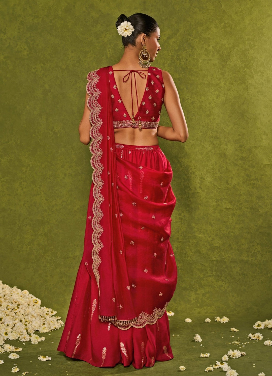 Red Jamewar Pre - Draped Lehenga Saree Chamee and Palak - Fabilicious Fashion