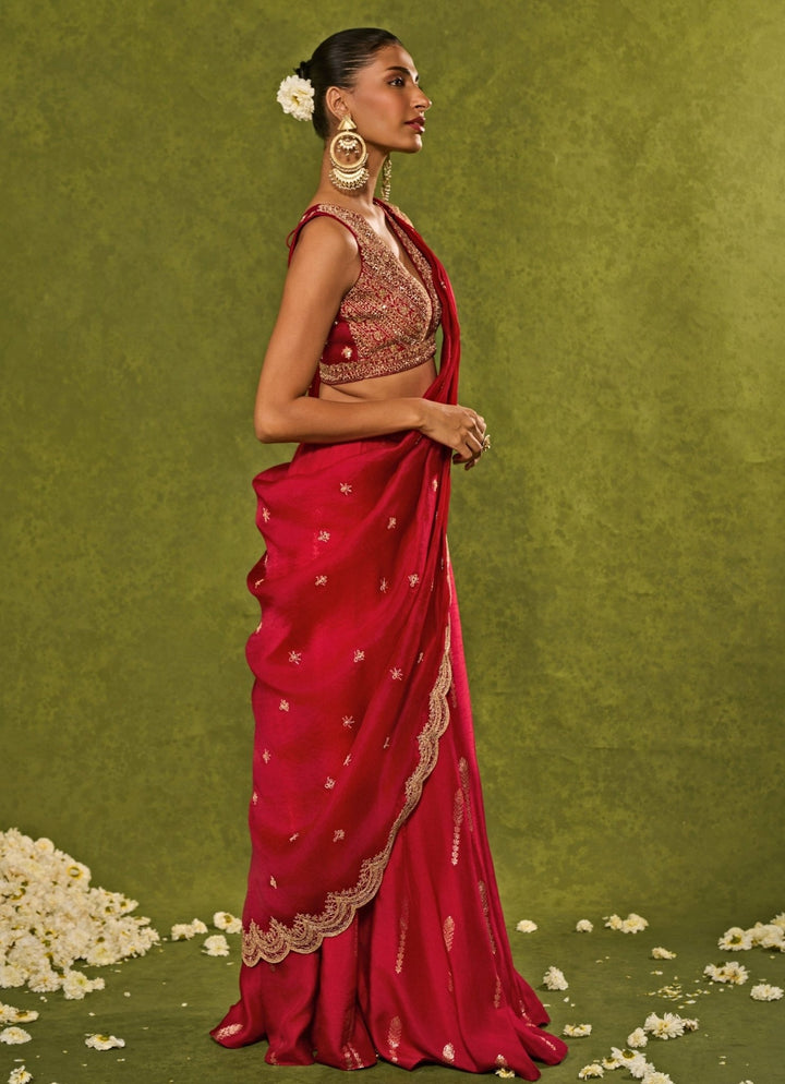 Red Jamewar Pre - Draped Lehenga Saree Chamee and Palak - Fabilicious Fashion