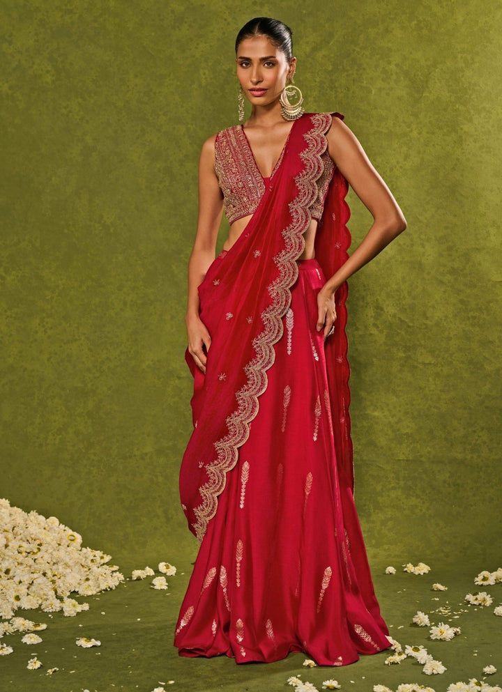 Red Jamewar Pre - Draped Lehenga Saree Chamee and Palak - Fabilicious Fashion