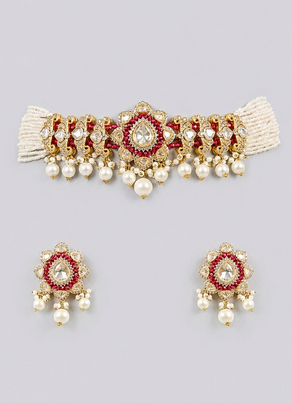 Zevar by Geeta Red Kundan And Pearl Choker Necklace SetFabilicious Fashion