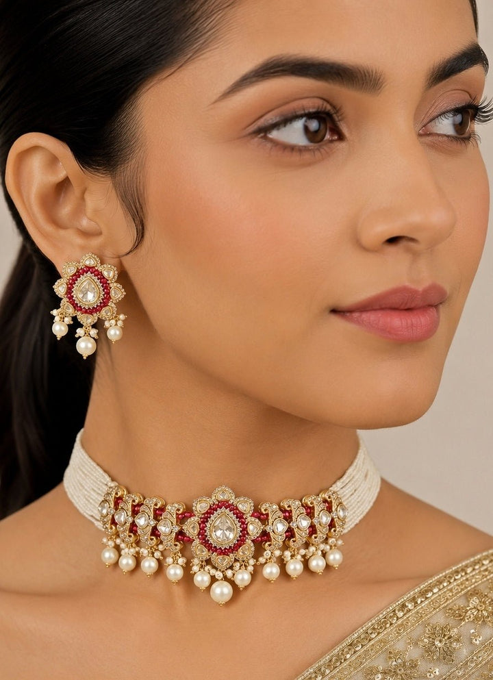 Zevar by Geeta Red Kundan And Pearl Choker Necklace SetFabilicious Fashion