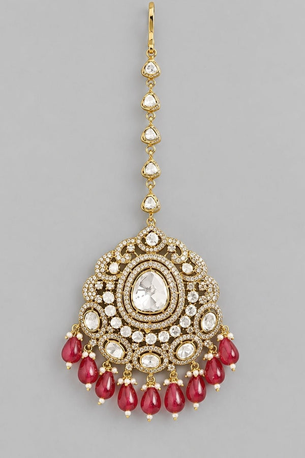 Zevar by Geeta red kundan polki maangtikka with red bead droplets