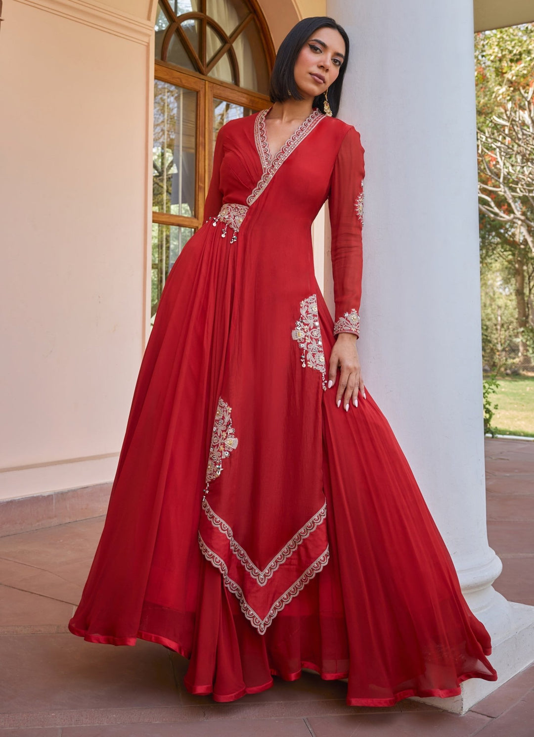 Red Layered Embroidered Anarkali Gown Isha Gupta Tayal - Fabilicious Fashion