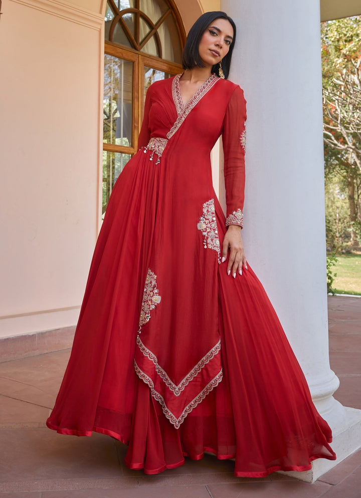Red Layered Embroidered Anarkali Gown Isha Gupta Tayal - Fabilicious Fashion