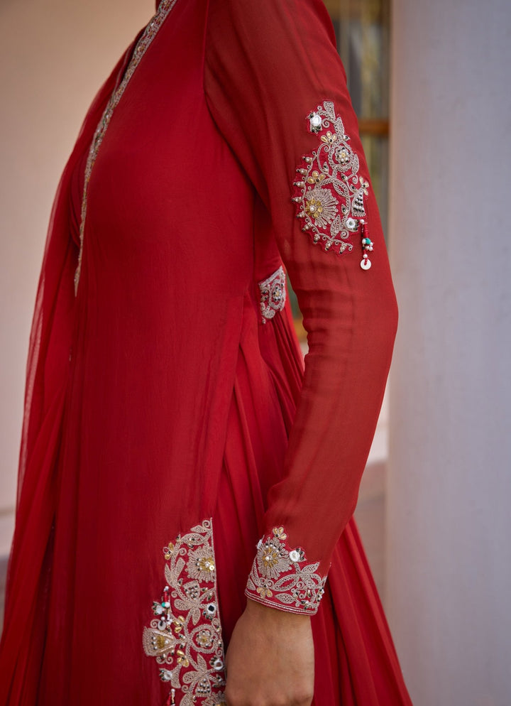 Red Layered Embroidered Anarkali Gown Isha Gupta Tayal - Fabilicious Fashion
