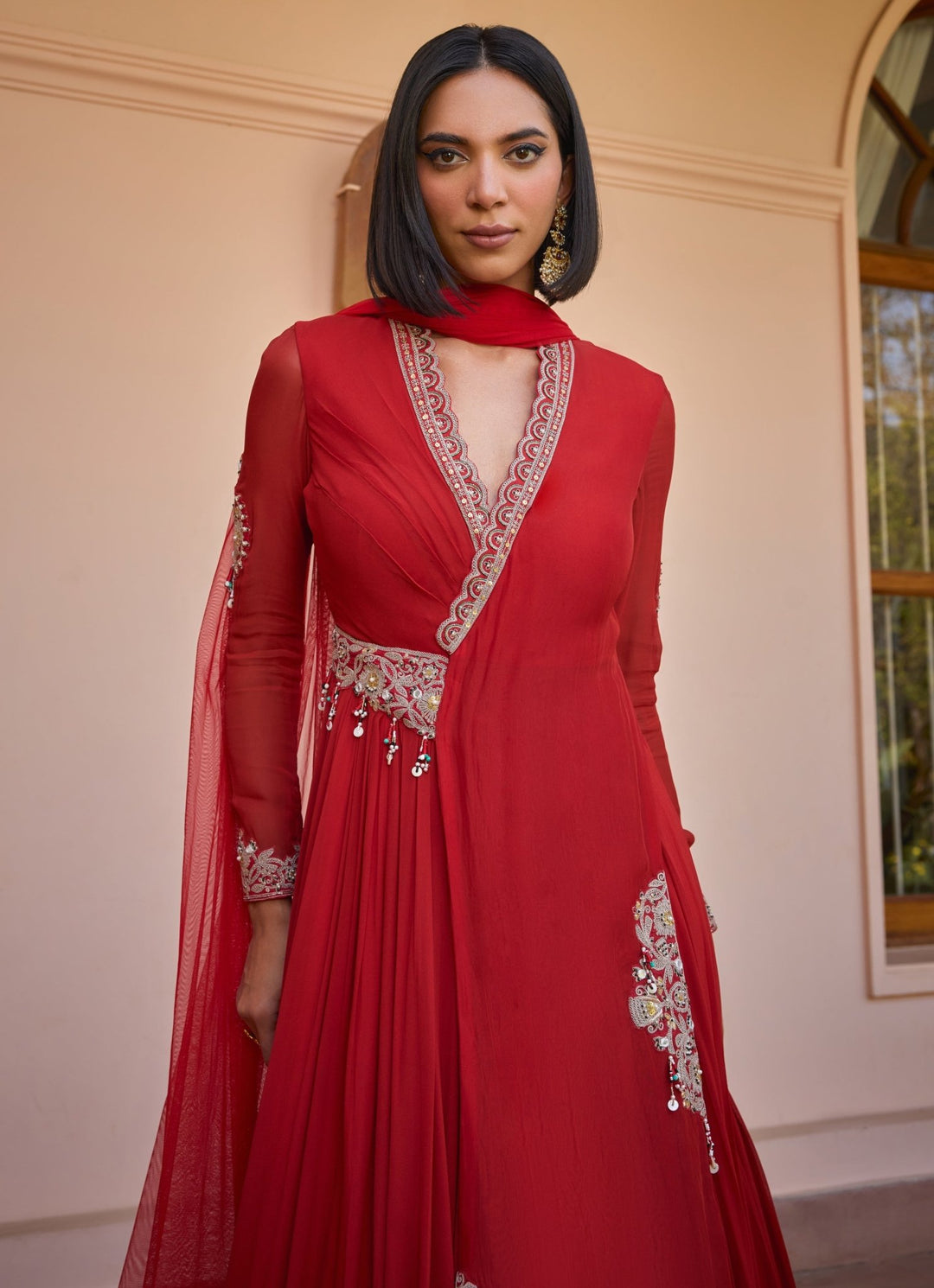 Red Layered Embroidered Anarkali Gown Isha Gupta Tayal - Fabilicious Fashion