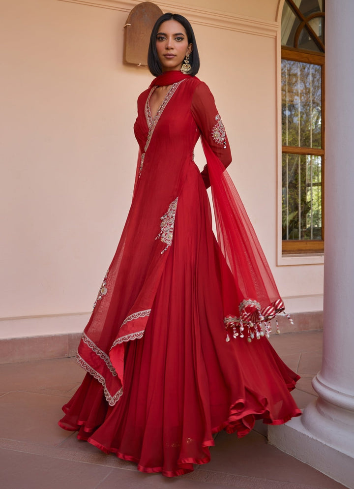 Red Layered Embroidered Anarkali Gown Isha Gupta Tayal - Fabilicious Fashion