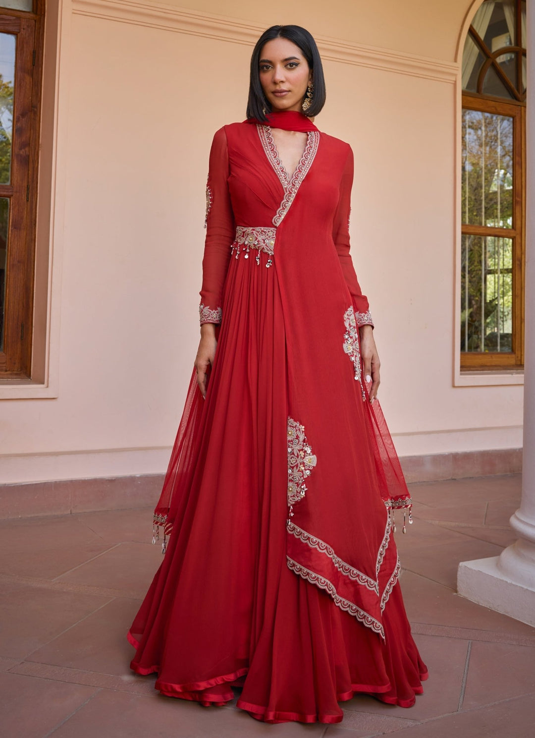 Red Layered Embroidered Anarkali Gown Isha Gupta Tayal - Fabilicious Fashion