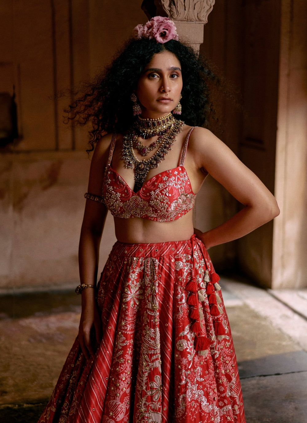 Red Leheriya Silk Lehenga Set Paulmi and Harsh - Fabilicious Fashion
