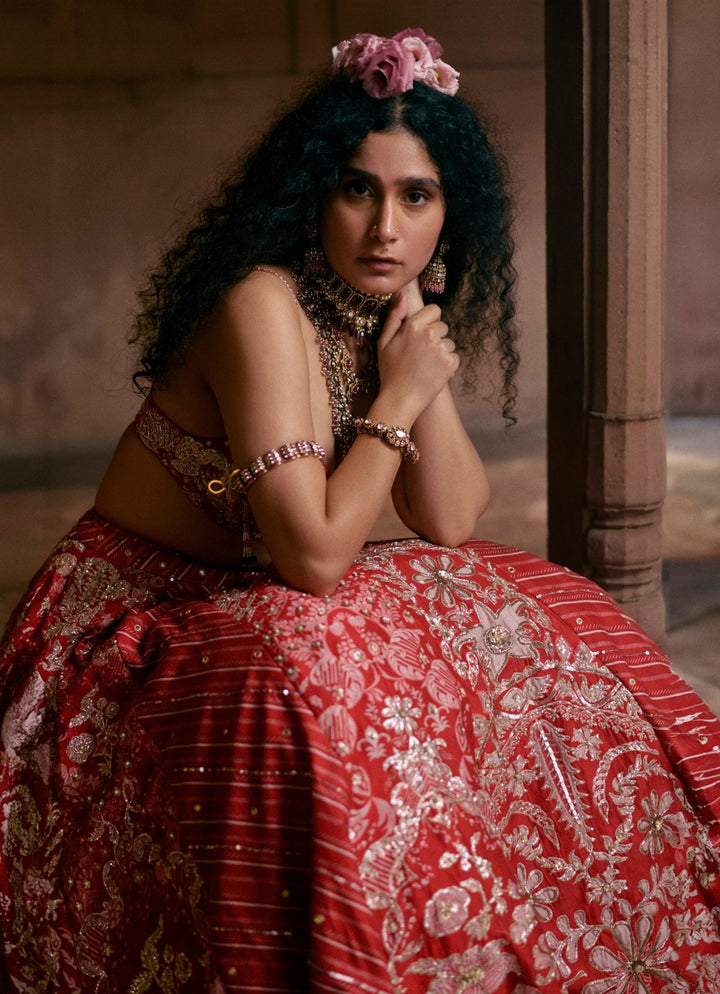 Red Leheriya Silk Lehenga Set Paulmi and Harsh - Fabilicious Fashion