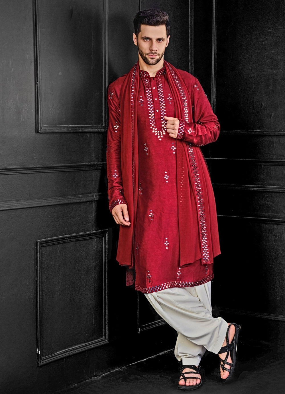 Red Mirror Embroidery Kurta And Salwar Set Chatenya Mittal - Fabilicious Fashion
