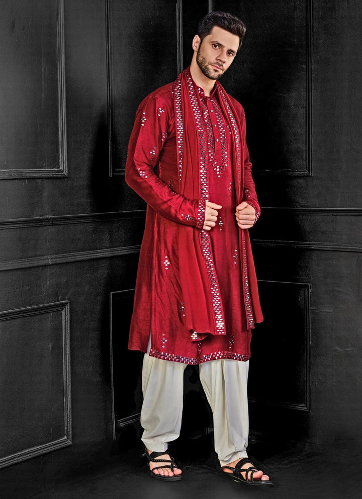 Red Mirror Embroidery Kurta And Salwar Set Chatenya Mittal - Fabilicious Fashion