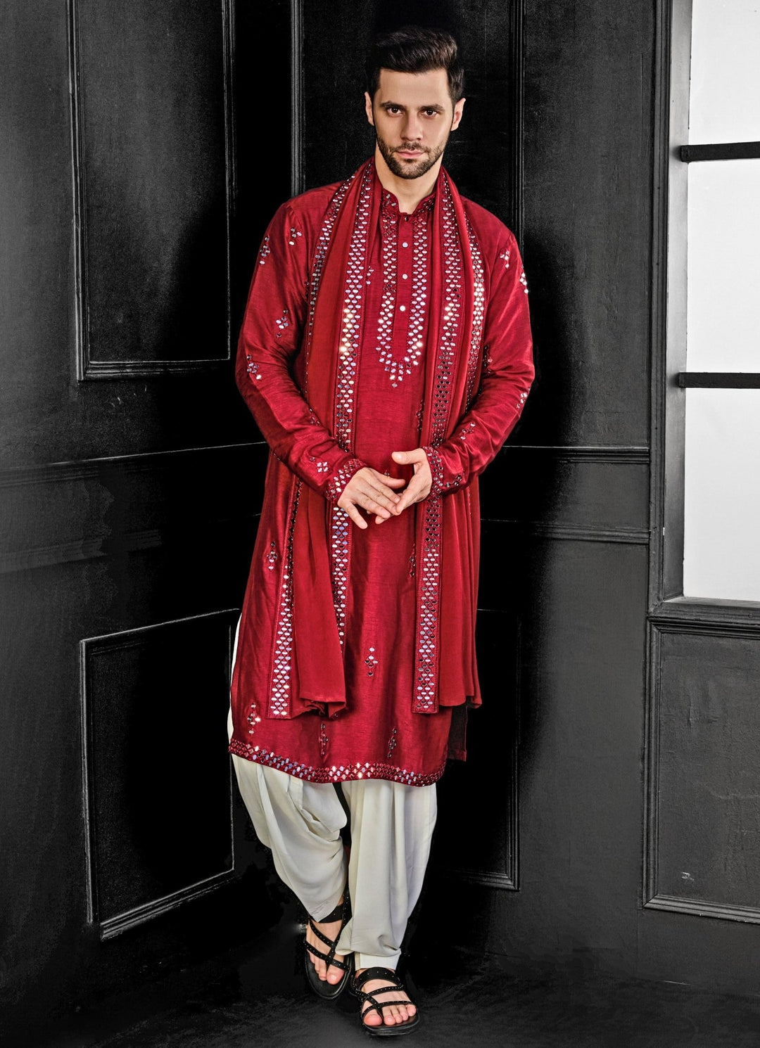 Red Mirror Embroidery Kurta And Salwar Set Chatenya Mittal - Fabilicious Fashion