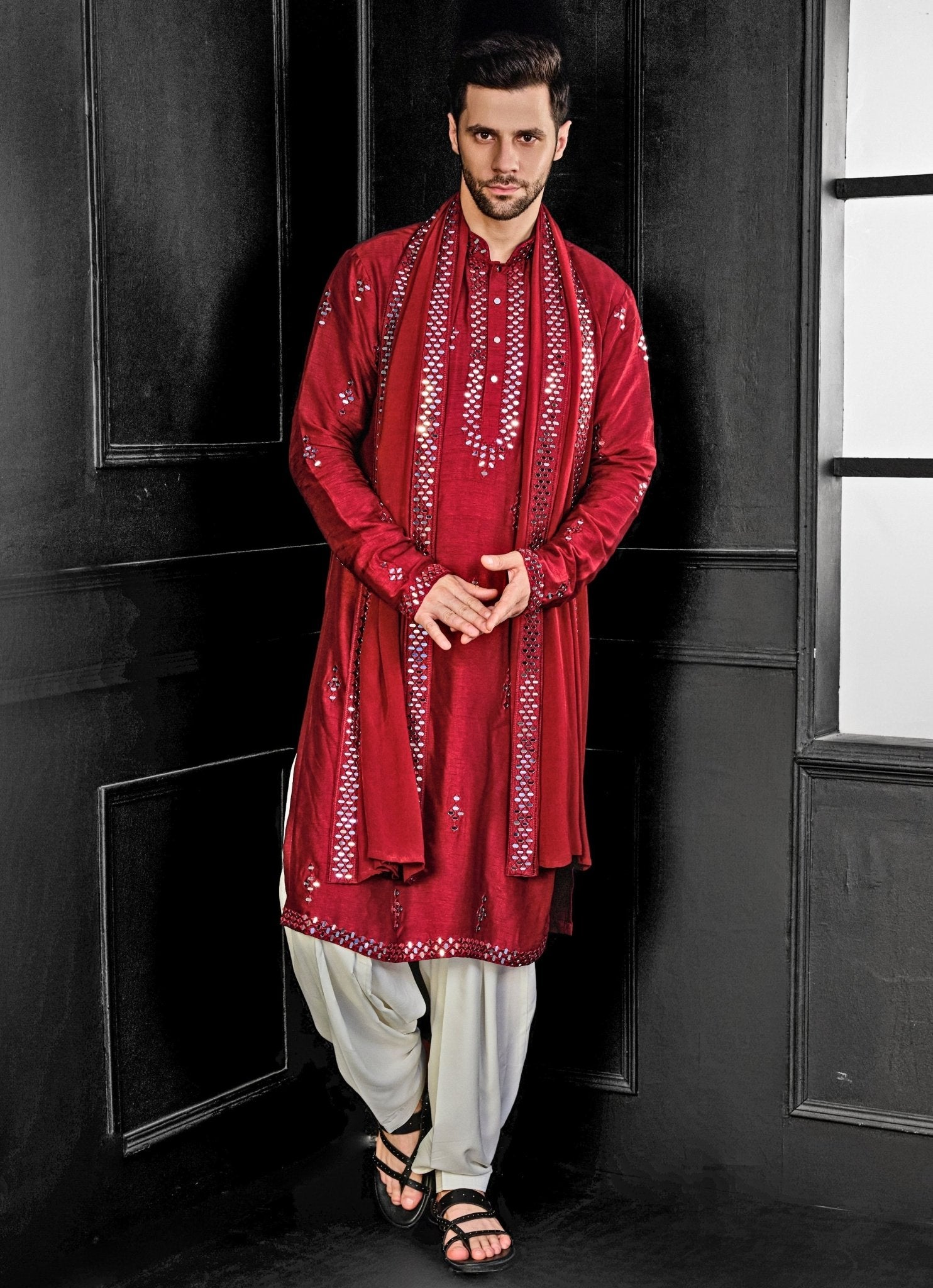 Red mirror embroidery kurta and salwar set for mens Sangeet or reception — Chatenya Mittal Indian designer