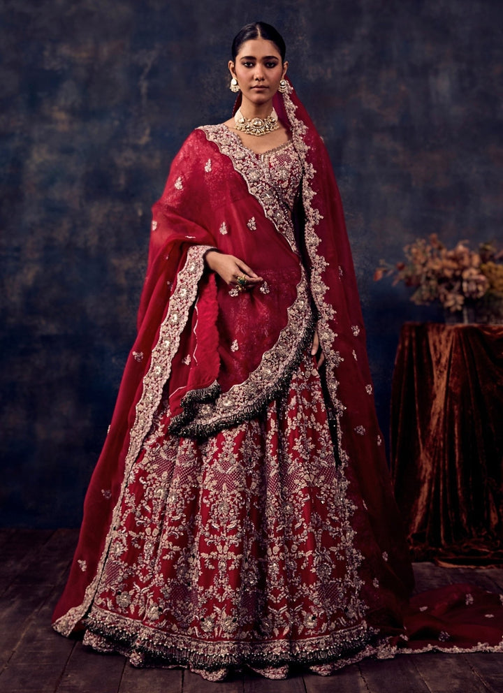 Prisho Red Mirror Silk Double Dupatta Lehenga SetFabilicious Fashion