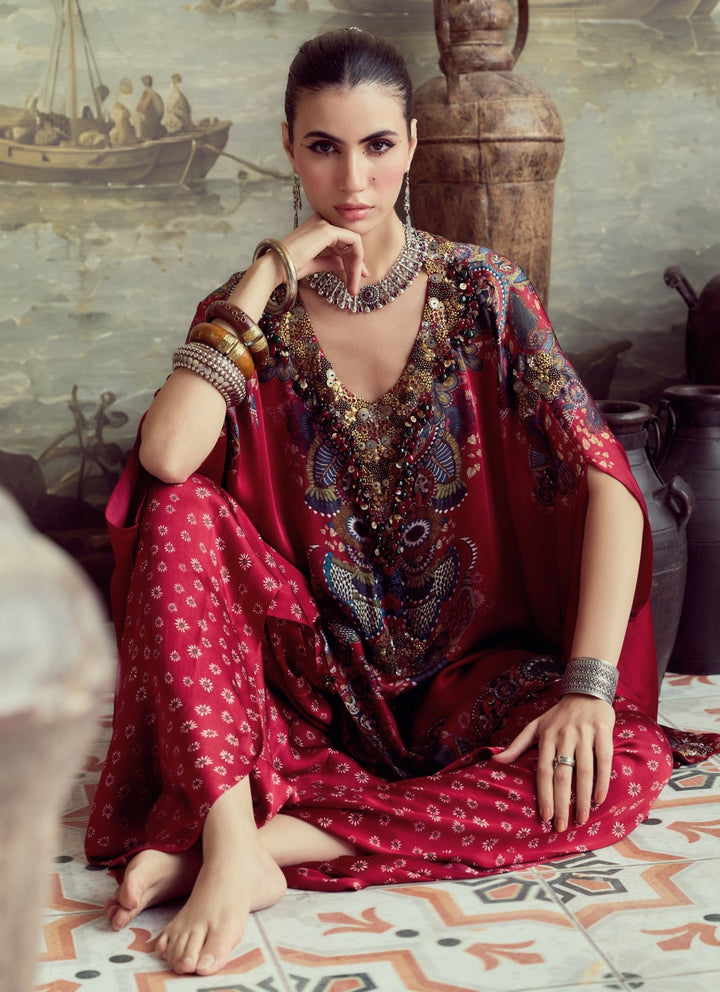 Prisho Red Modal Satin Hi-Low Kaftan Pants SetFabilicious Fashion