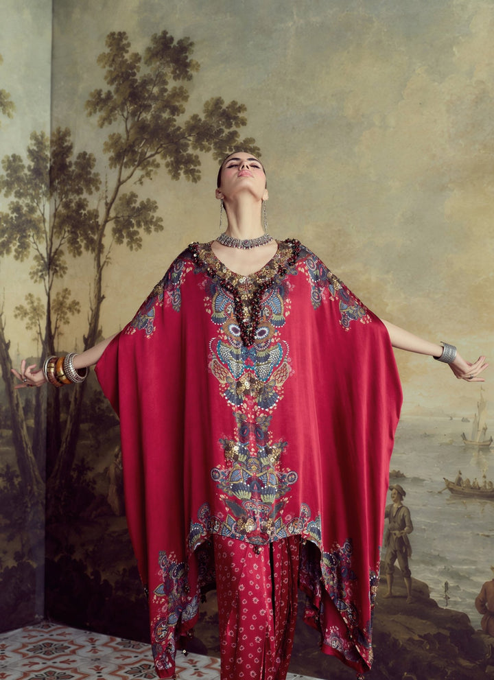 Prisho Red Modal Satin Hi-Low Kaftan Pants SetFabilicious Fashion