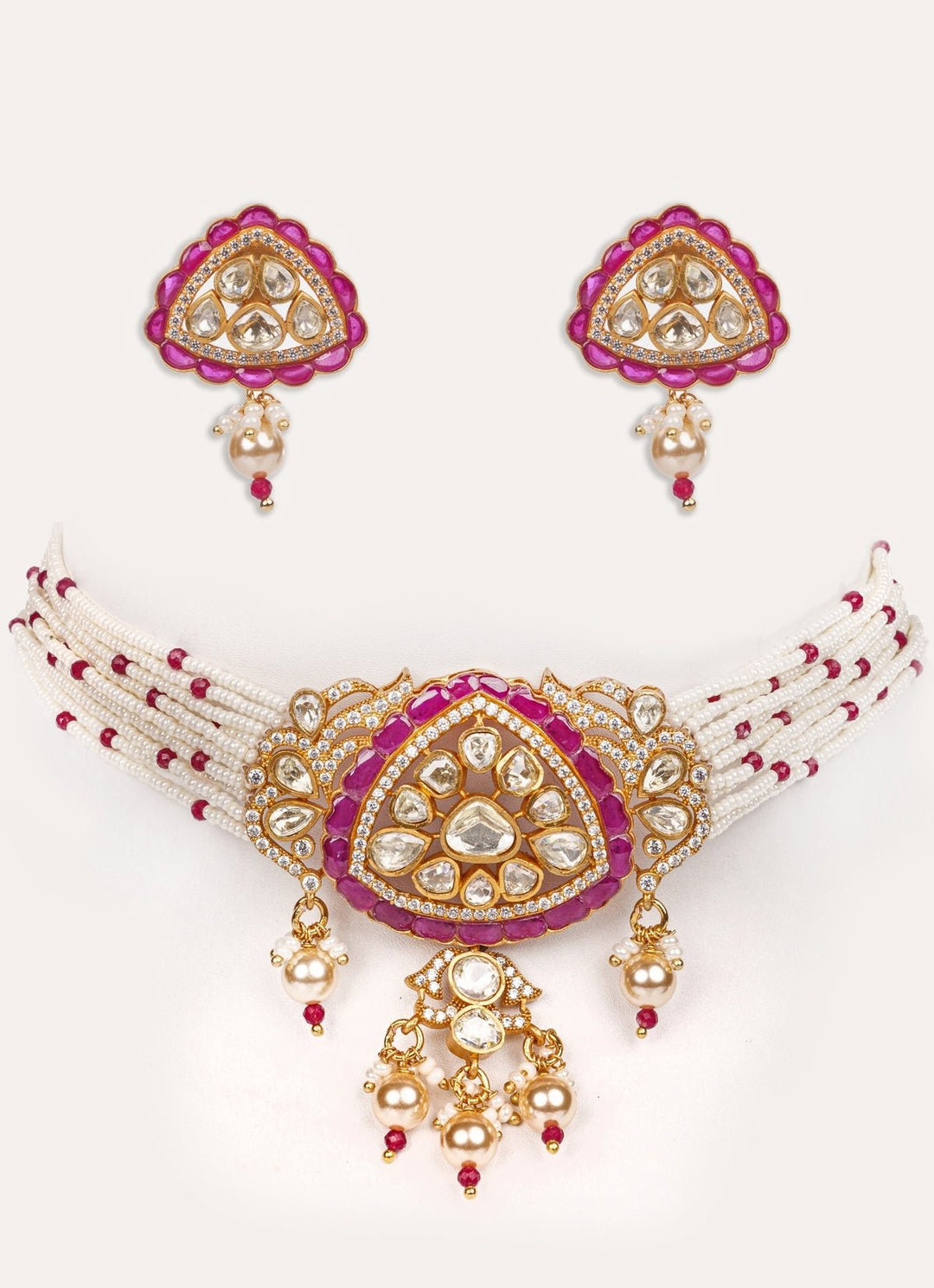 Red Moissanite Gold Pearl Choker Set Zevar by Geeta - Fabilicious Fashion