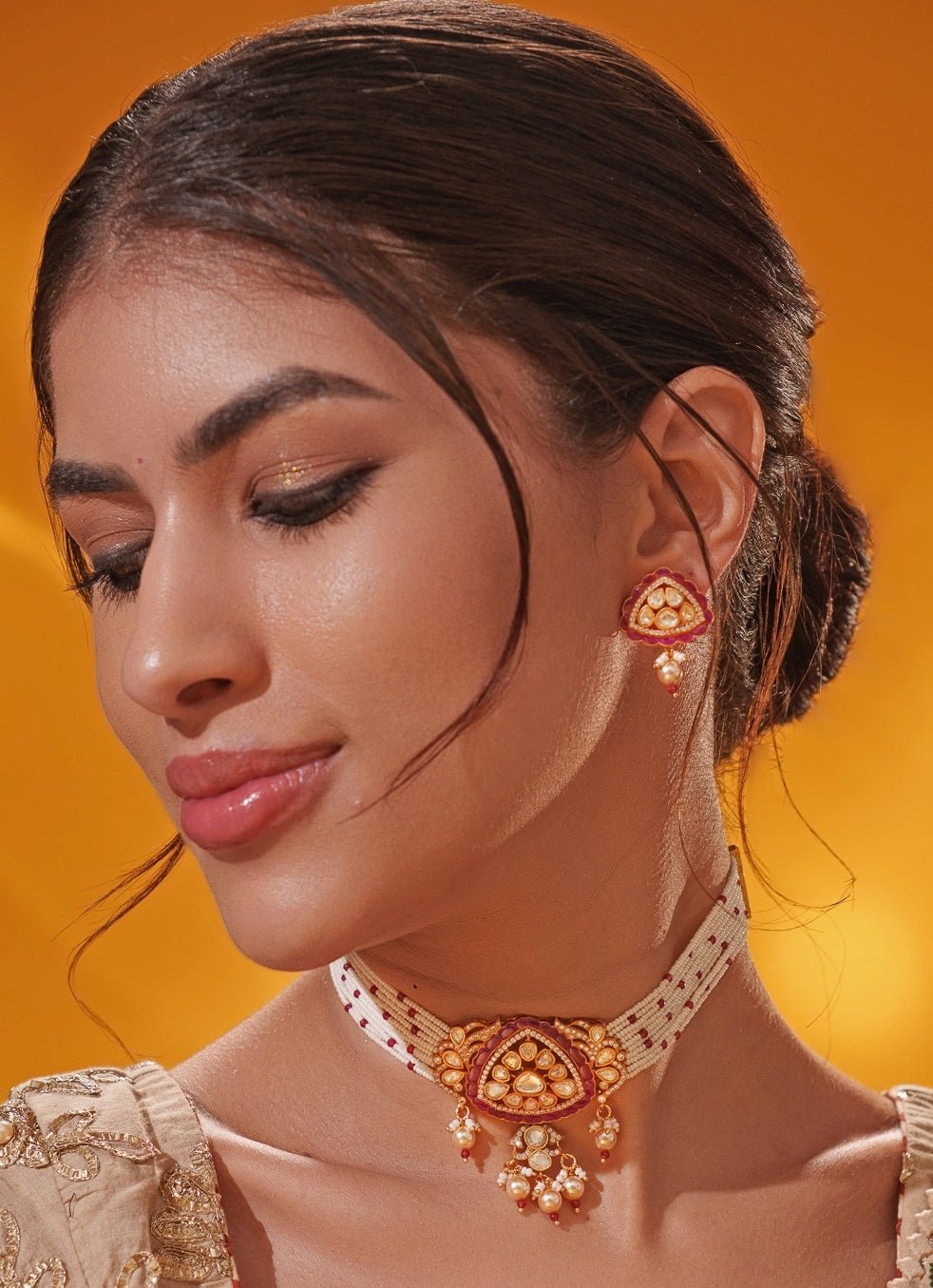 Red Moissanite Gold Pearl Choker Set Zevar by Geeta - Fabilicious Fashion