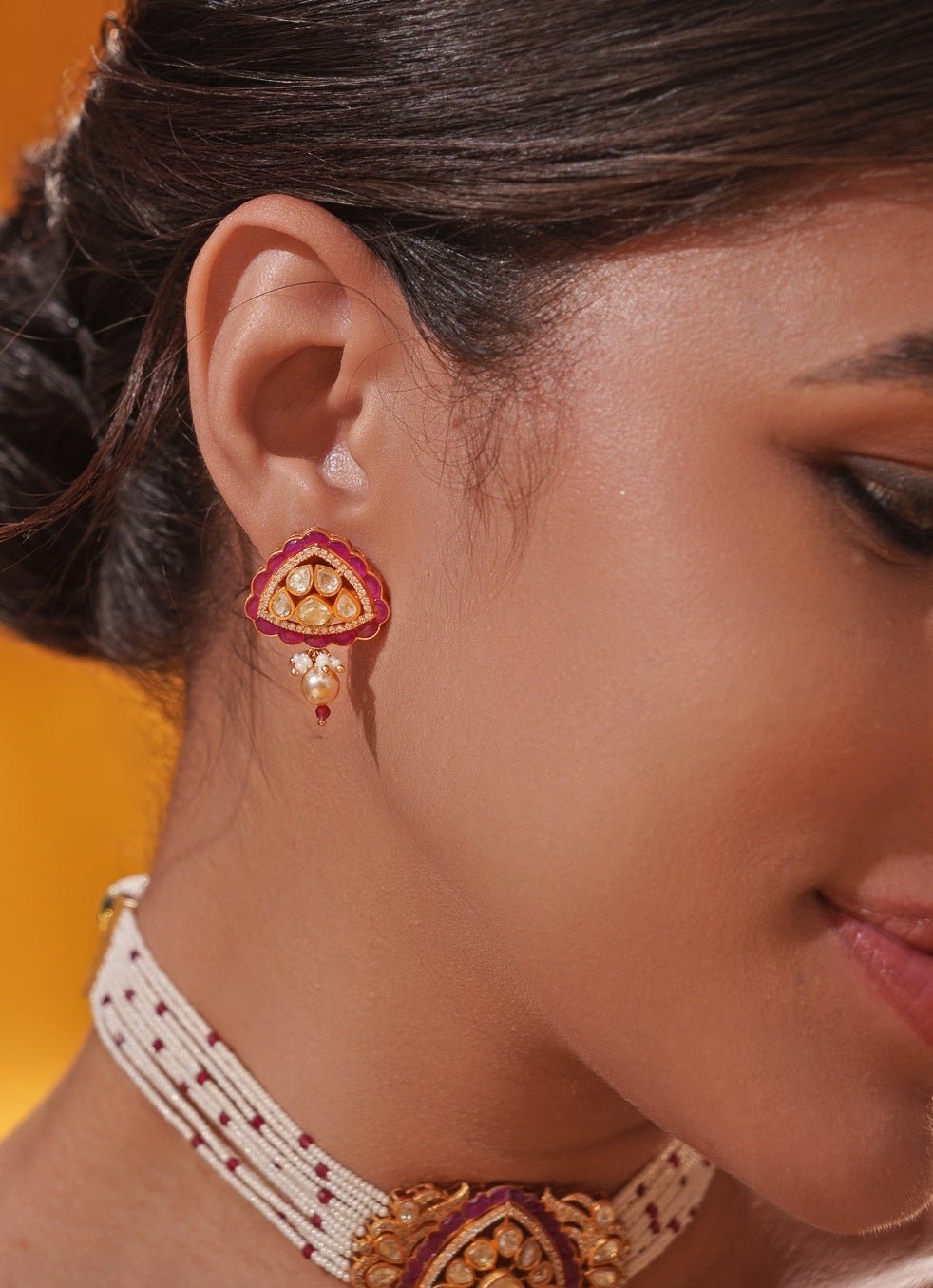 Red Moissanite Gold Pearl Choker Set Zevar by Geeta - Fabilicious Fashion