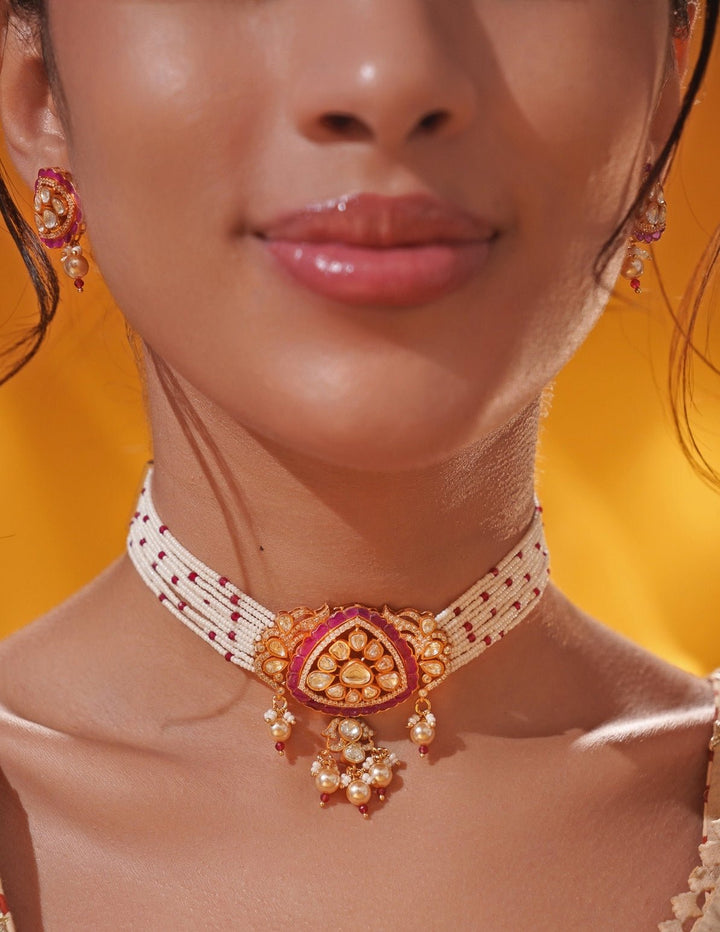 Red Moissanite Gold Pearl Choker Set Zevar by Geeta - Fabilicious Fashion