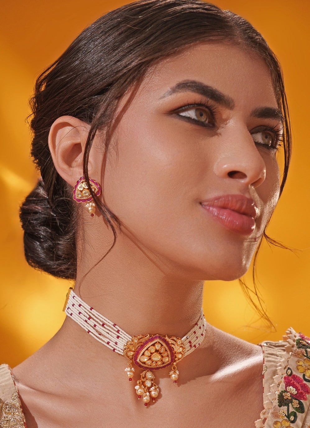 Red Moissanite Gold Pearl Choker Set Zevar by Geeta - Fabilicious Fashion