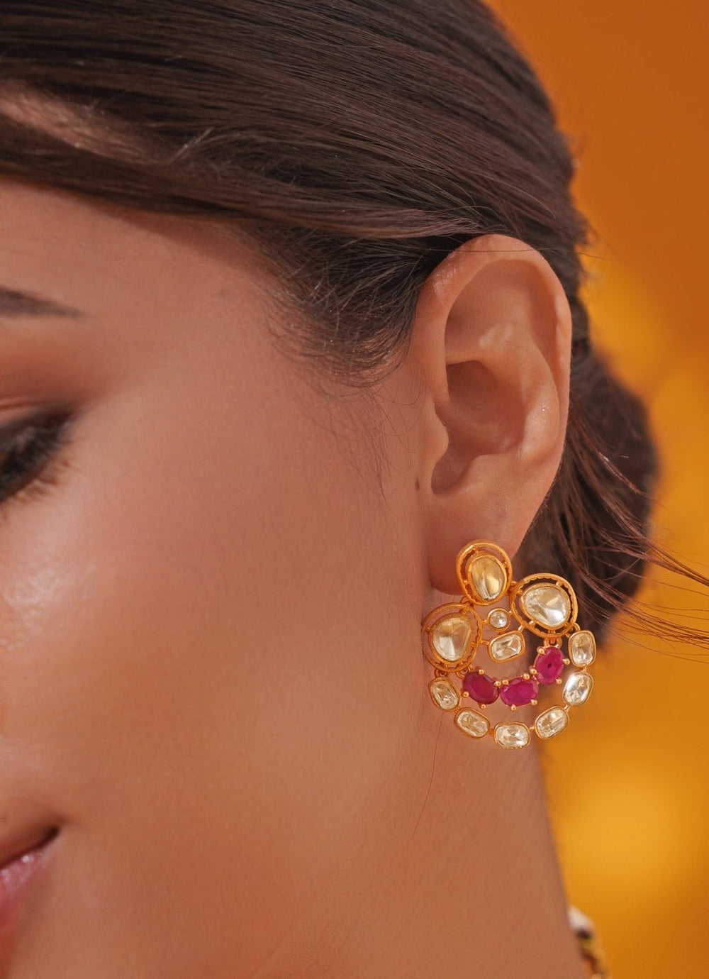 Red Moissanite Stone 3 Line Gold Long Necklace Set Zevar by Geeta - Fabilicious Fashion