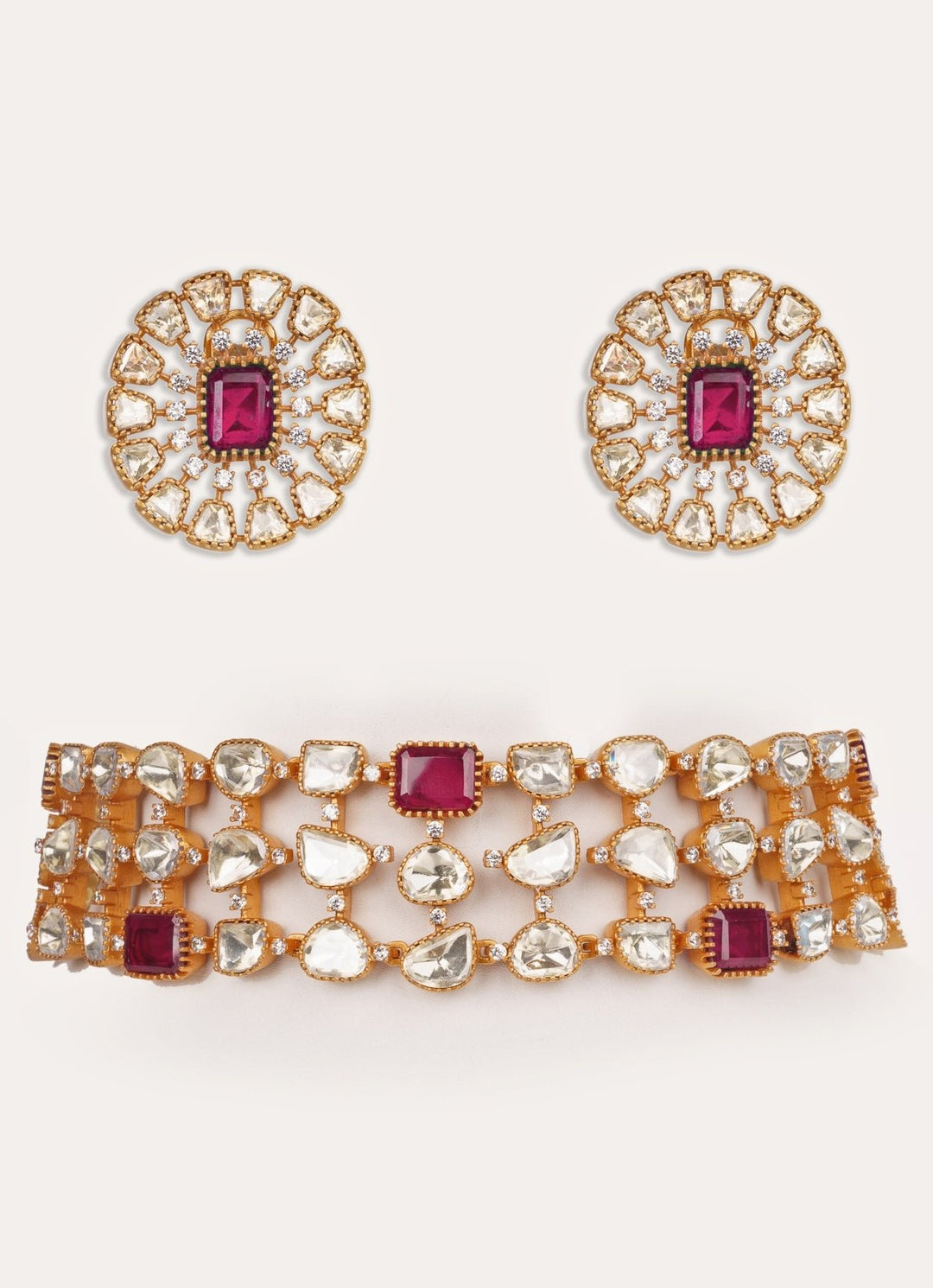 Red Moissanite Stone Gold Choker Set Zevar by Geeta - Fabilicious Fashion