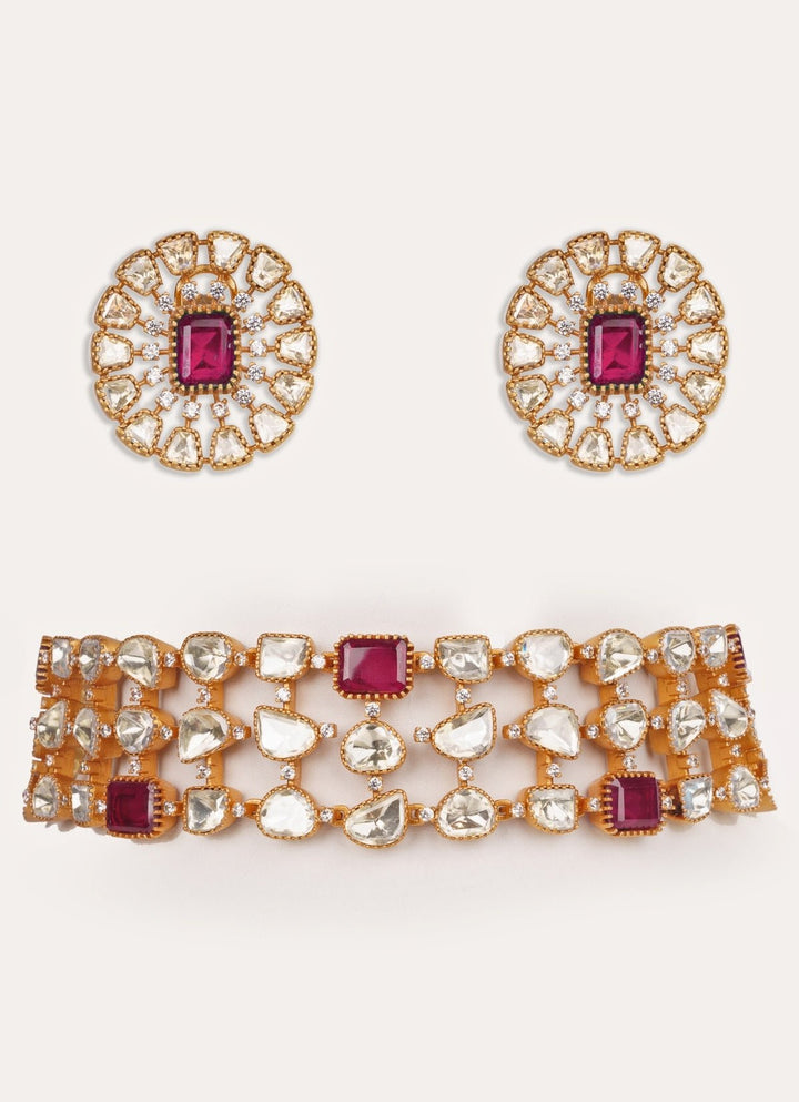 Red Moissanite Stone Gold Choker Set Zevar by Geeta - Fabilicious Fashion