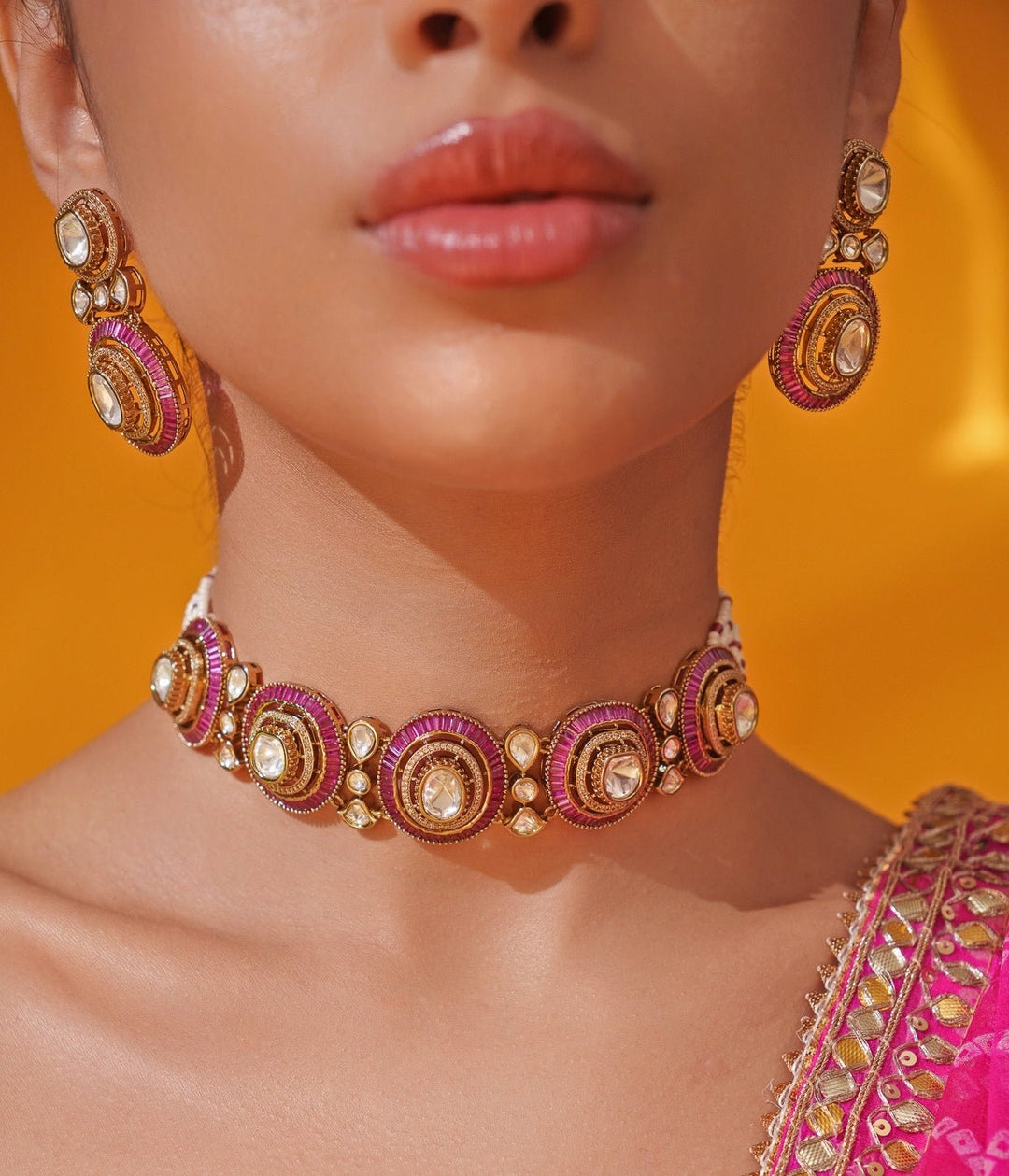 Red Moissanite Stone Gold Choker Set Zevar by Geeta - Fabilicious Fashion