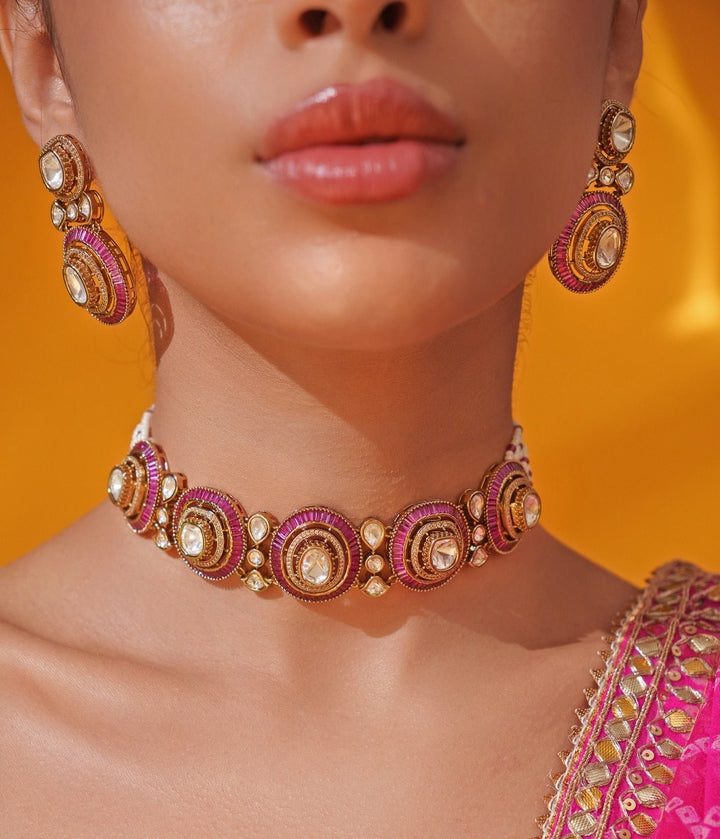 Red Moissanite Stone Gold Choker Set Zevar by Geeta - Fabilicious Fashion