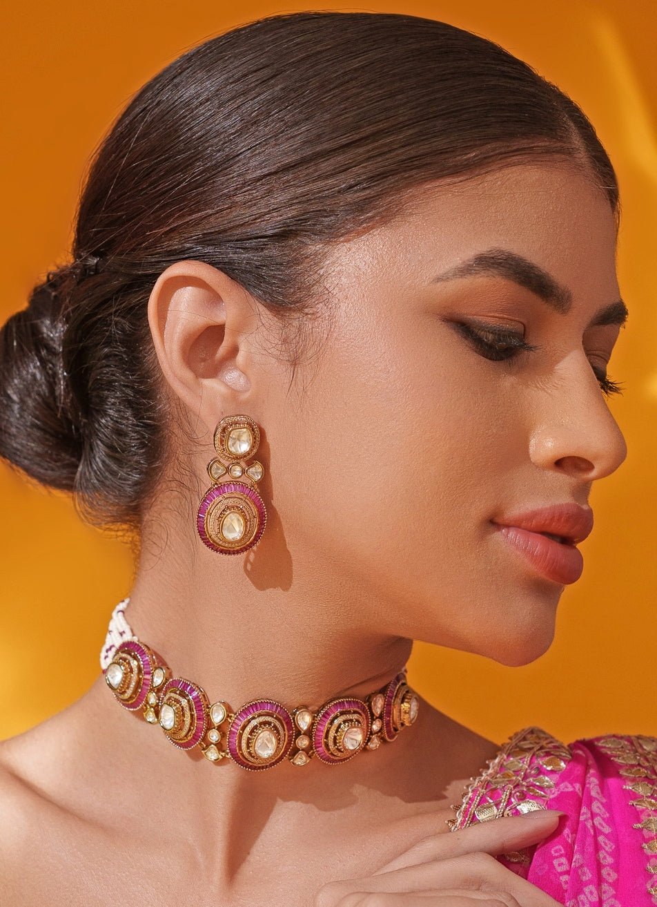 Red Moissanite Stone Gold Choker Set Zevar by Geeta - Fabilicious Fashion