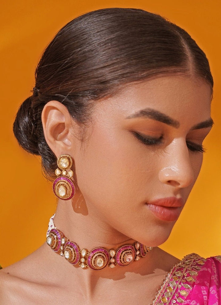 Red Moissanite Stone Gold Choker Set Zevar by Geeta - Fabilicious Fashion