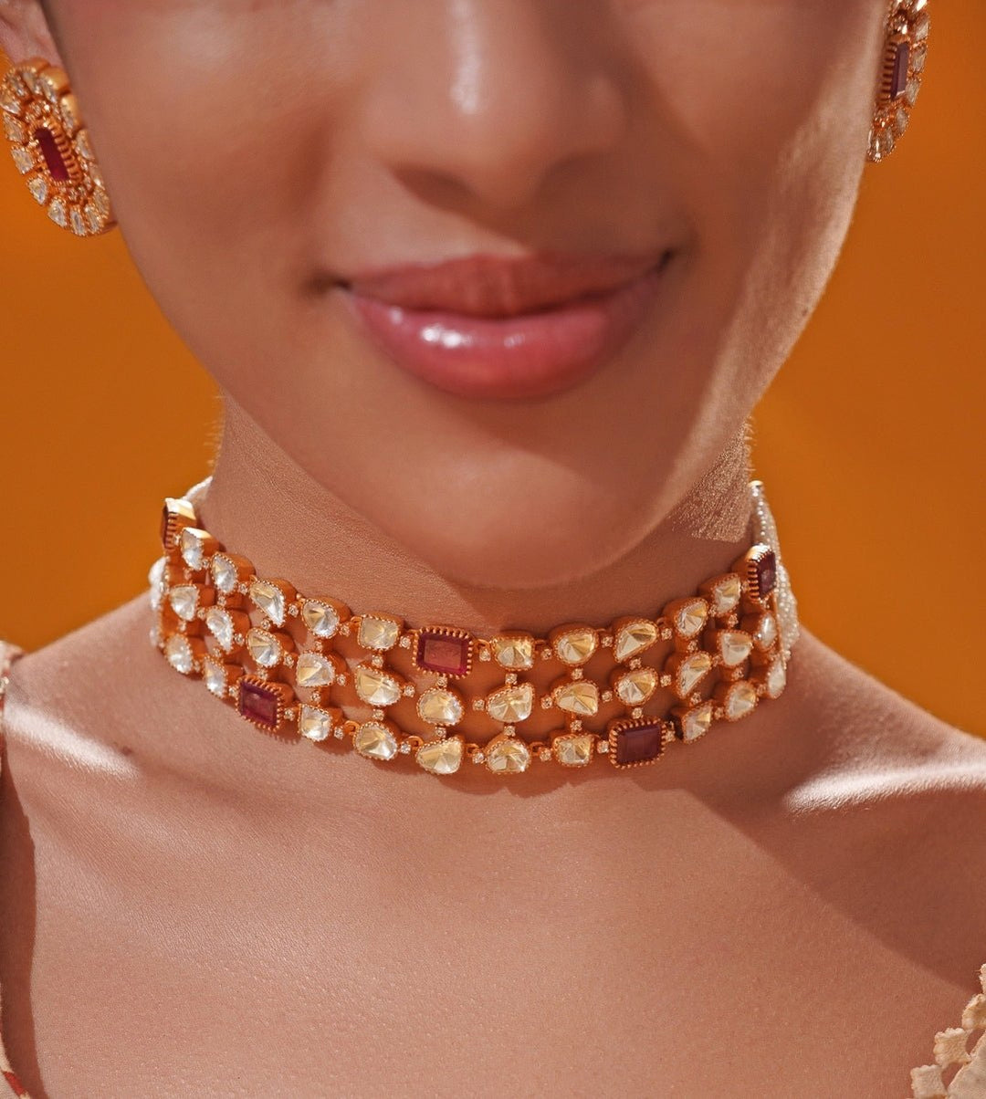 Red Moissanite Stone Gold Choker Set Zevar by Geeta - Fabilicious Fashion