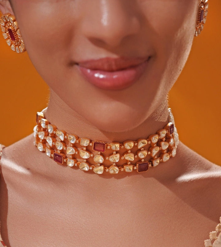 Red Moissanite Stone Gold Choker Set Zevar by Geeta - Fabilicious Fashion