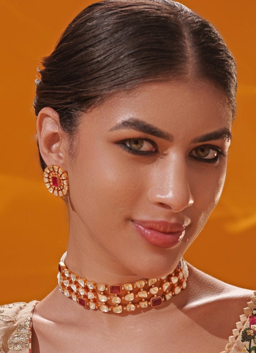 Red Moissanite Stone Gold Choker Set Zevar by Geeta - Fabilicious Fashion