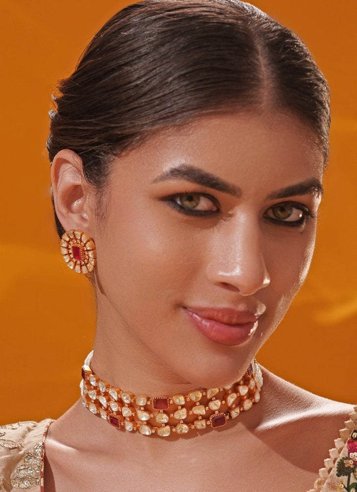 Red Moissanite Stone Gold Choker Set Zevar by Geeta - Fabilicious Fashion