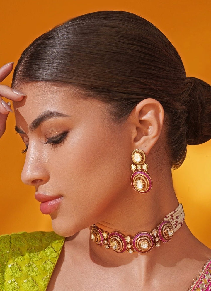 Red Moissanite Stone Gold Choker Set Zevar by Geeta - Fabilicious Fashion