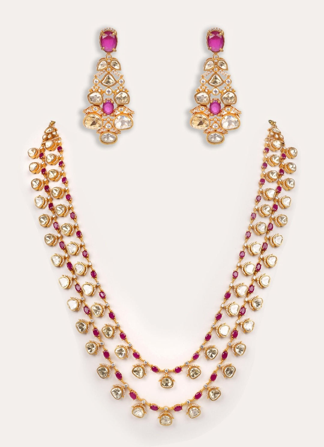 Red Moissanite Stone Gold Long Necklace Set Zevar by Geeta - Fabilicious Fashion