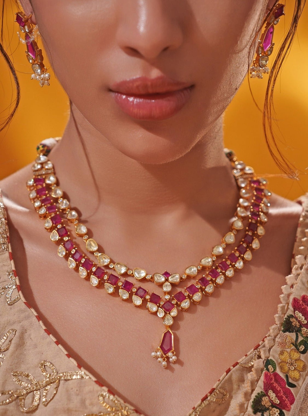 Red Moissanite Stone Gold Long Necklace Set Zevar by Geeta - Fabilicious Fashion