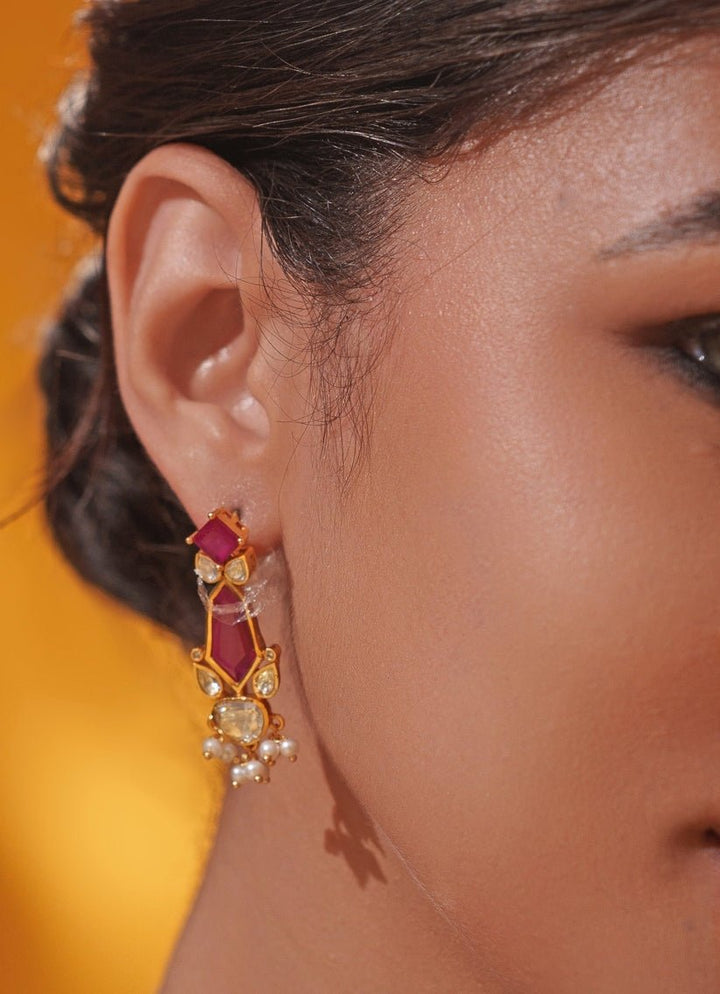 Red Moissanite Stone Gold Long Necklace Set Zevar by Geeta - Fabilicious Fashion