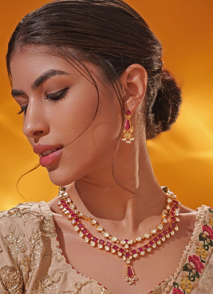 Red Moissanite Stone Gold Long Necklace Set Zevar by Geeta - Fabilicious Fashion