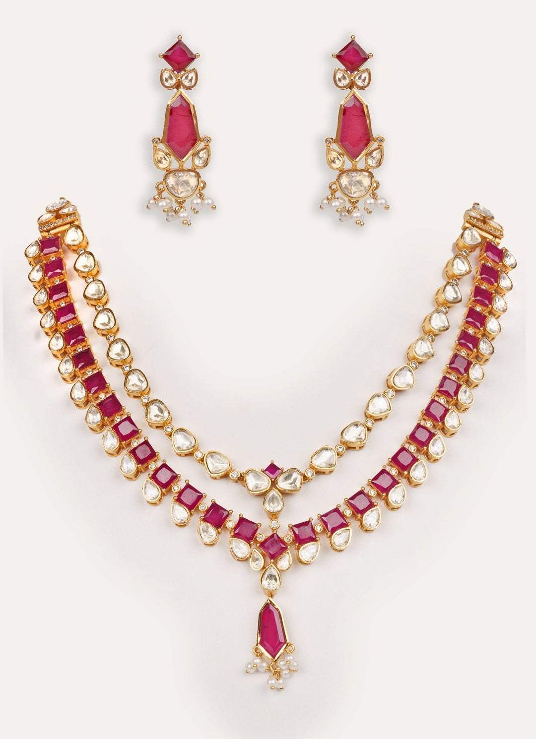 Red Moissanite Stone Gold Long Necklace Set Zevar by Geeta - Fabilicious Fashion