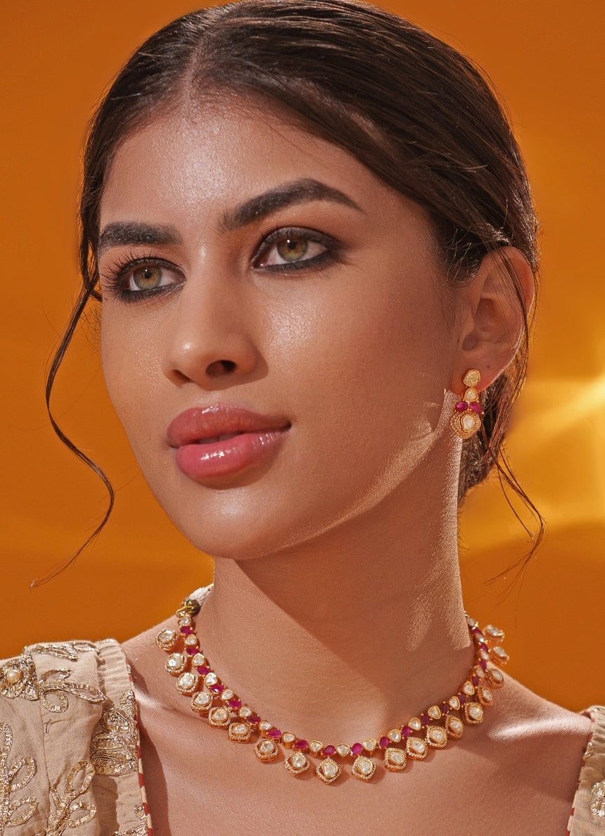 Red Moissanite Stone Gold Necklace Set Zevar by Geeta - Fabilicious Fashion