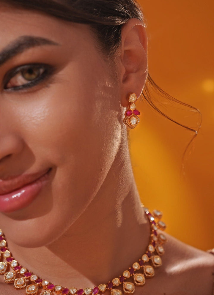 Red Moissanite Stone Gold Necklace Set Zevar by Geeta - Fabilicious Fashion