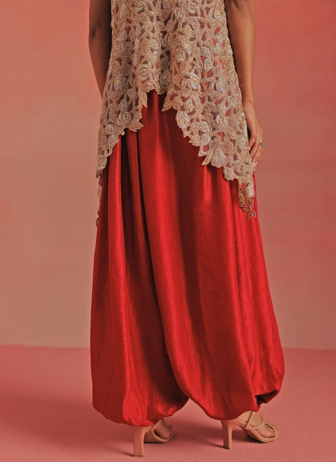 Twenty Nine Red Monga Silk Dhoti With Gold Gilet TopFabilicious Fashion