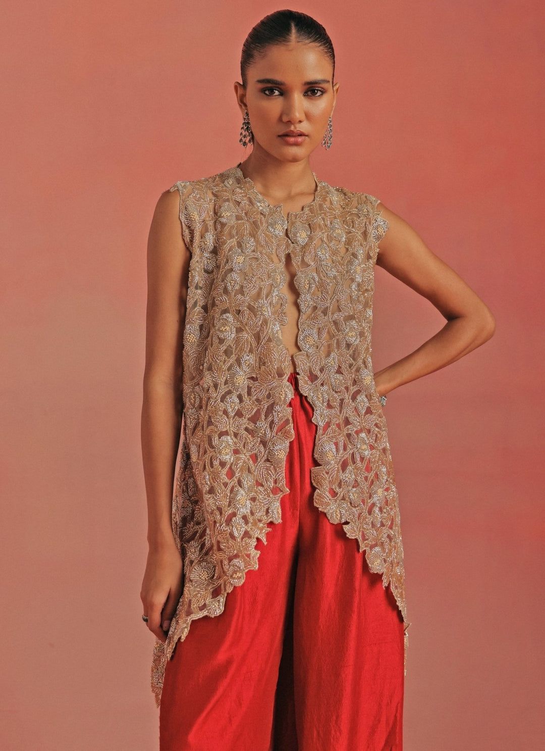 Twenty Nine Red Monga Silk Dhoti With Gold Gilet TopFabilicious Fashion