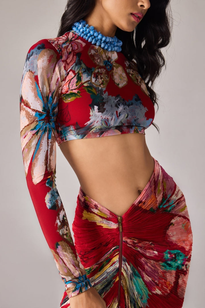 Saaksha &amp; Kinni Red Multicolour Print Drape Skirt SetFabilicious Fashion